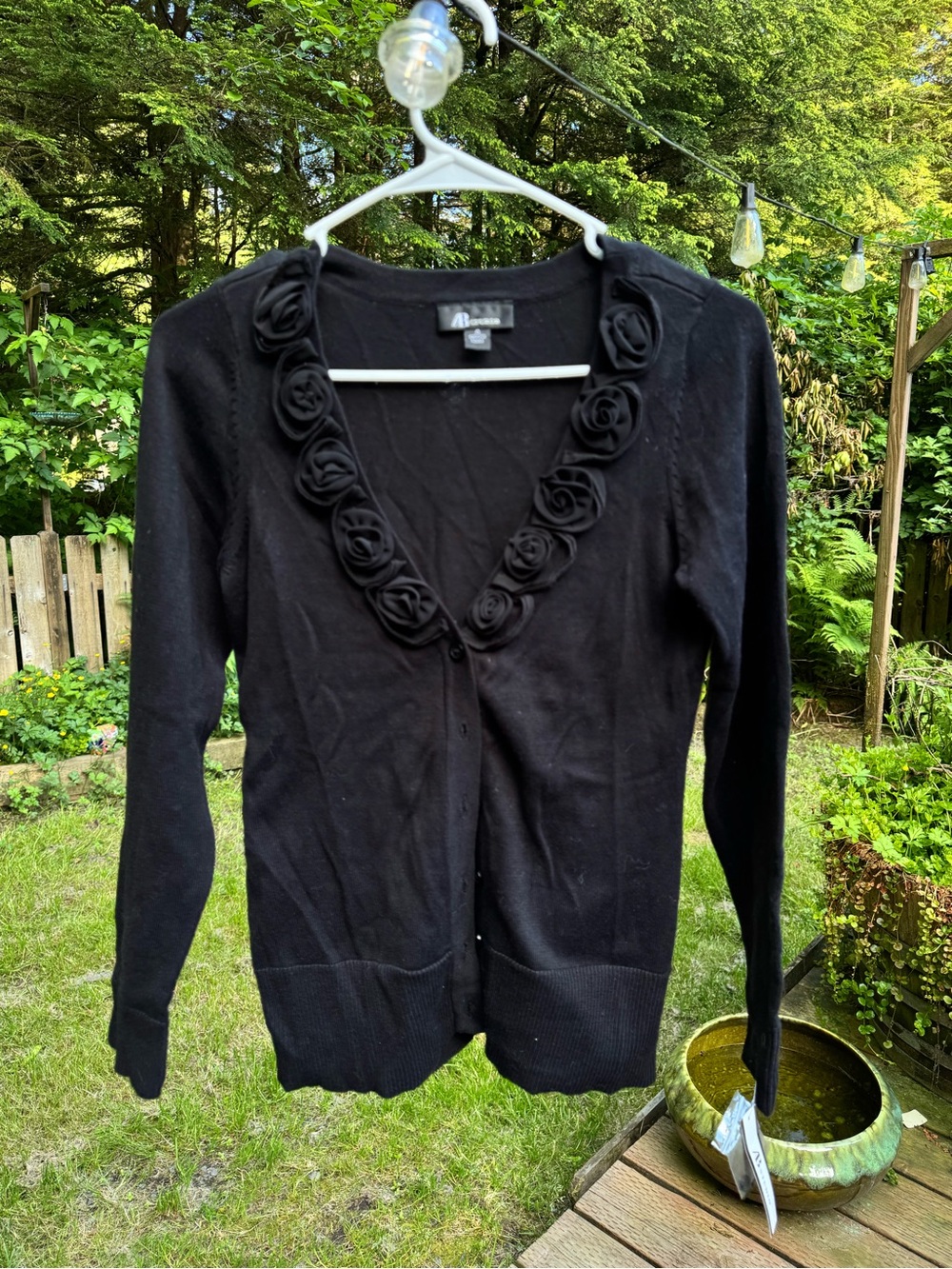 AB Studio Black Rose Trim V‑Neck Cardigan